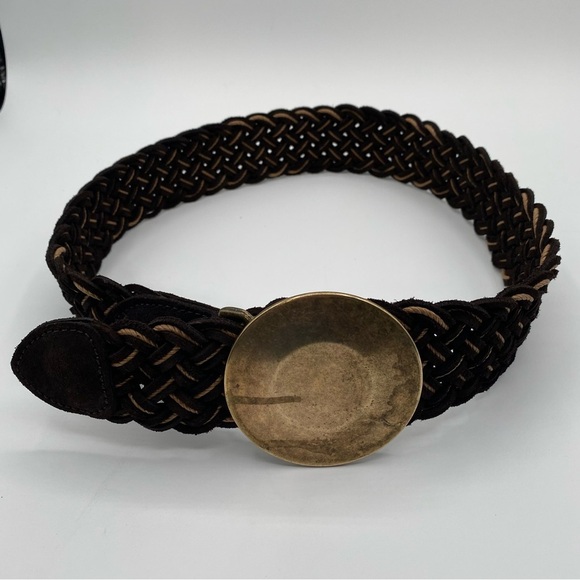 GAP Braided Brown & Tan Leather Woven Statement Belt with Shield Buckle Sz S - Picture 1 of 10